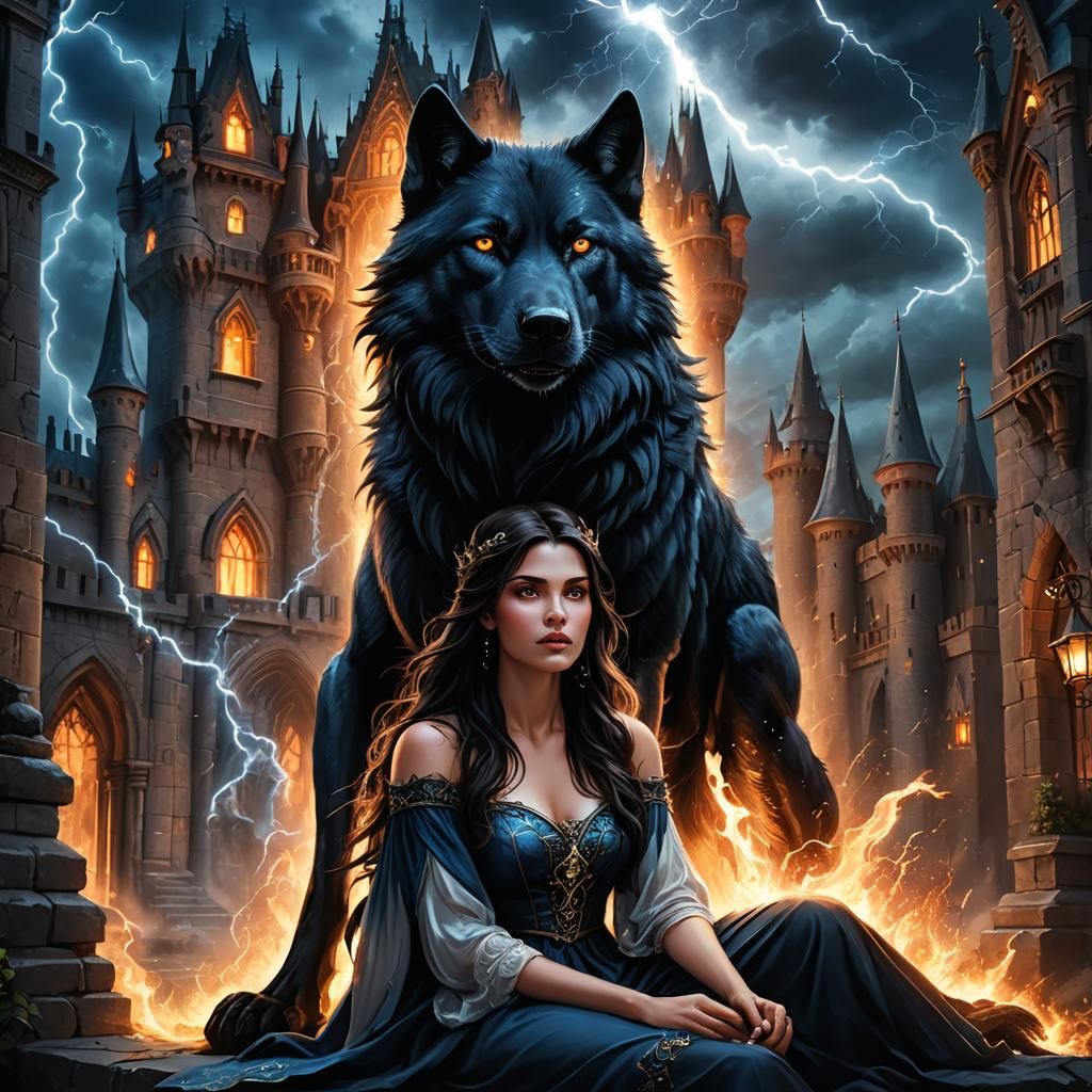 a beautiful dark haired woman sitting next to a big black wolf with magic swirling around