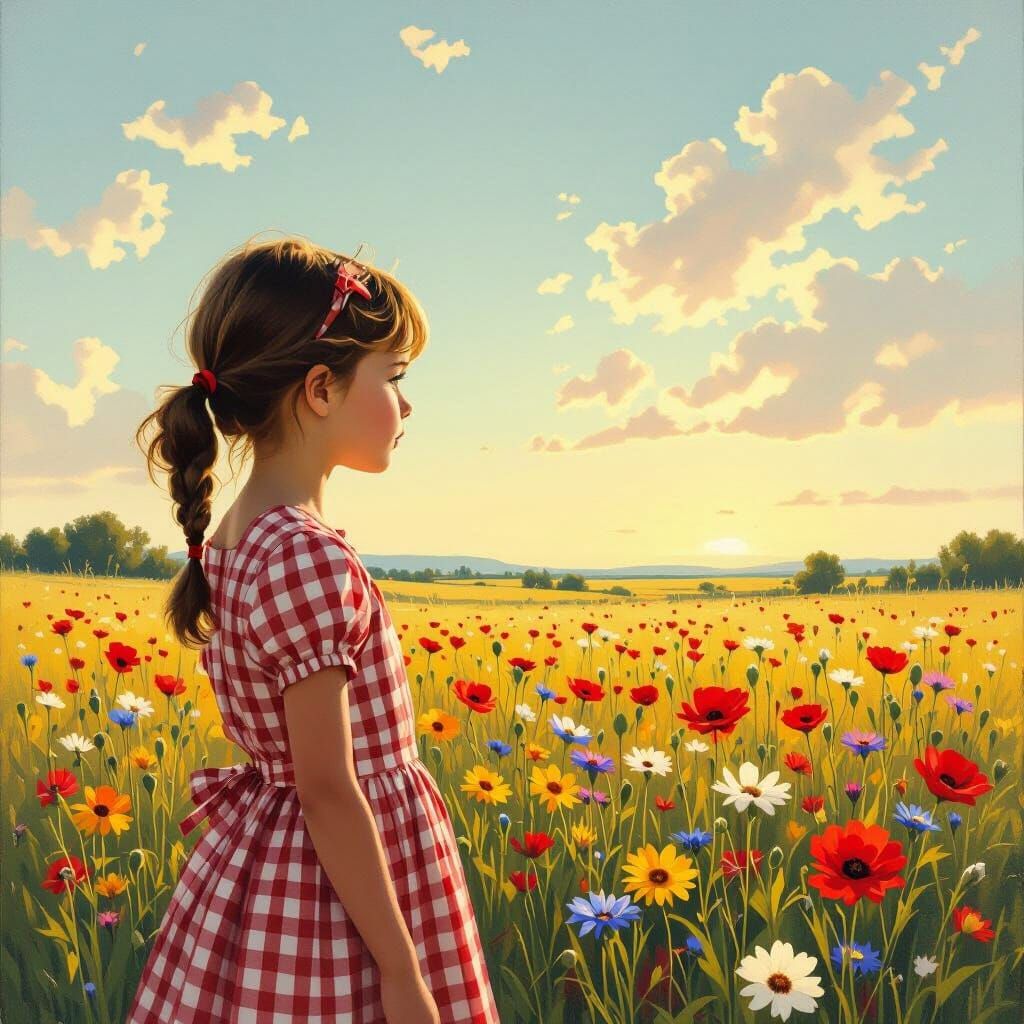1950s Girl in Wildflower Field at Golden Hour