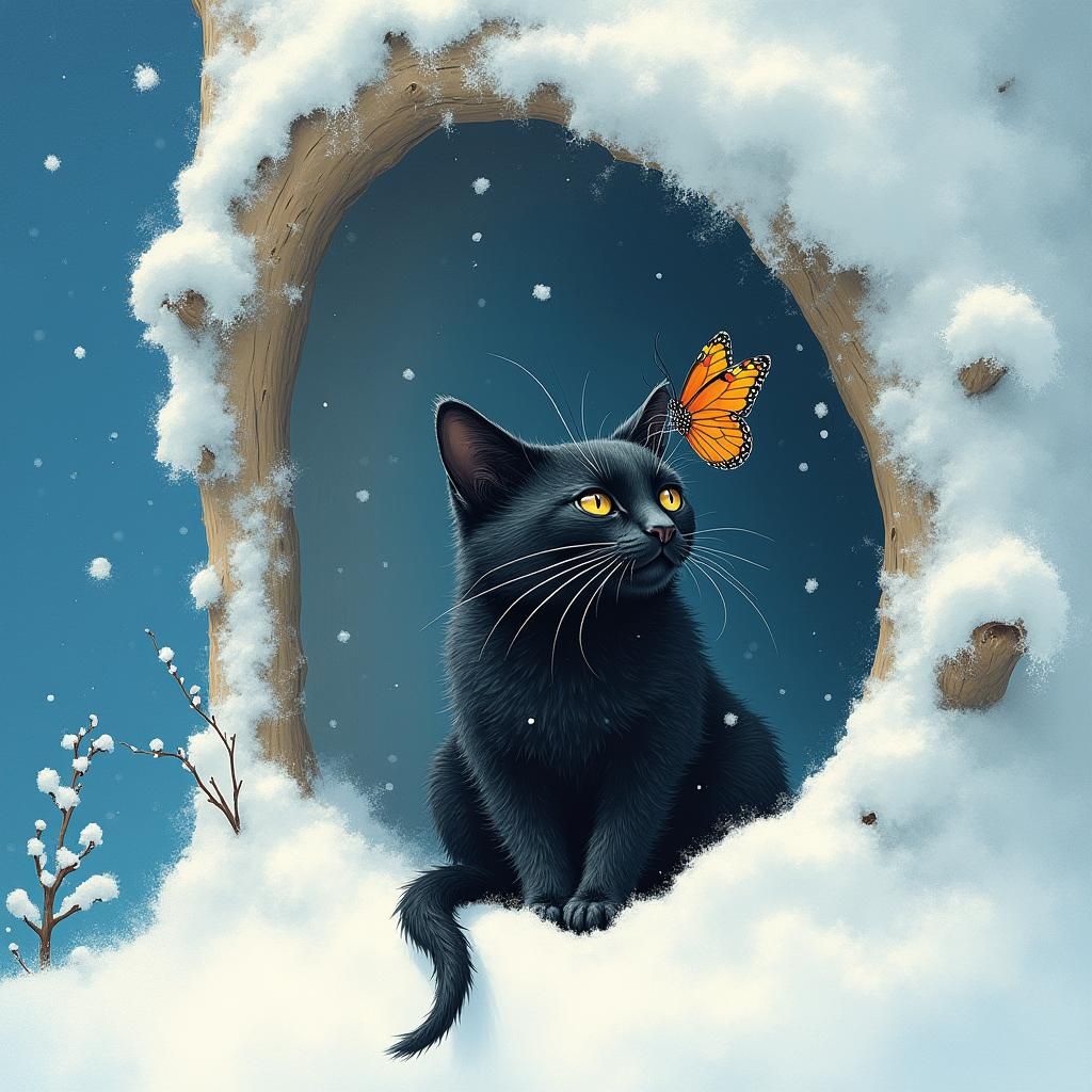 Black Cat in Winter Wonderland, Fairy Tale Illustration