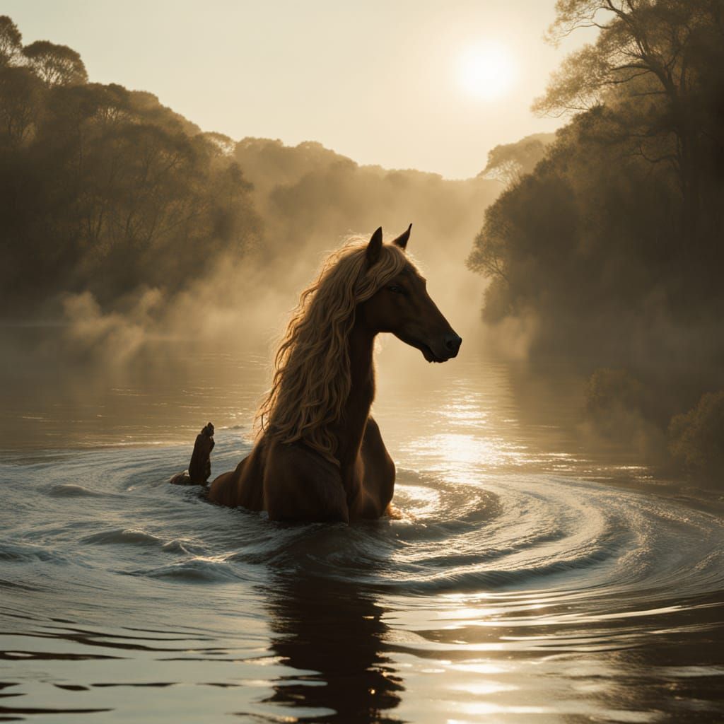 Golden Water Nymph Rides Majestic Kelpie