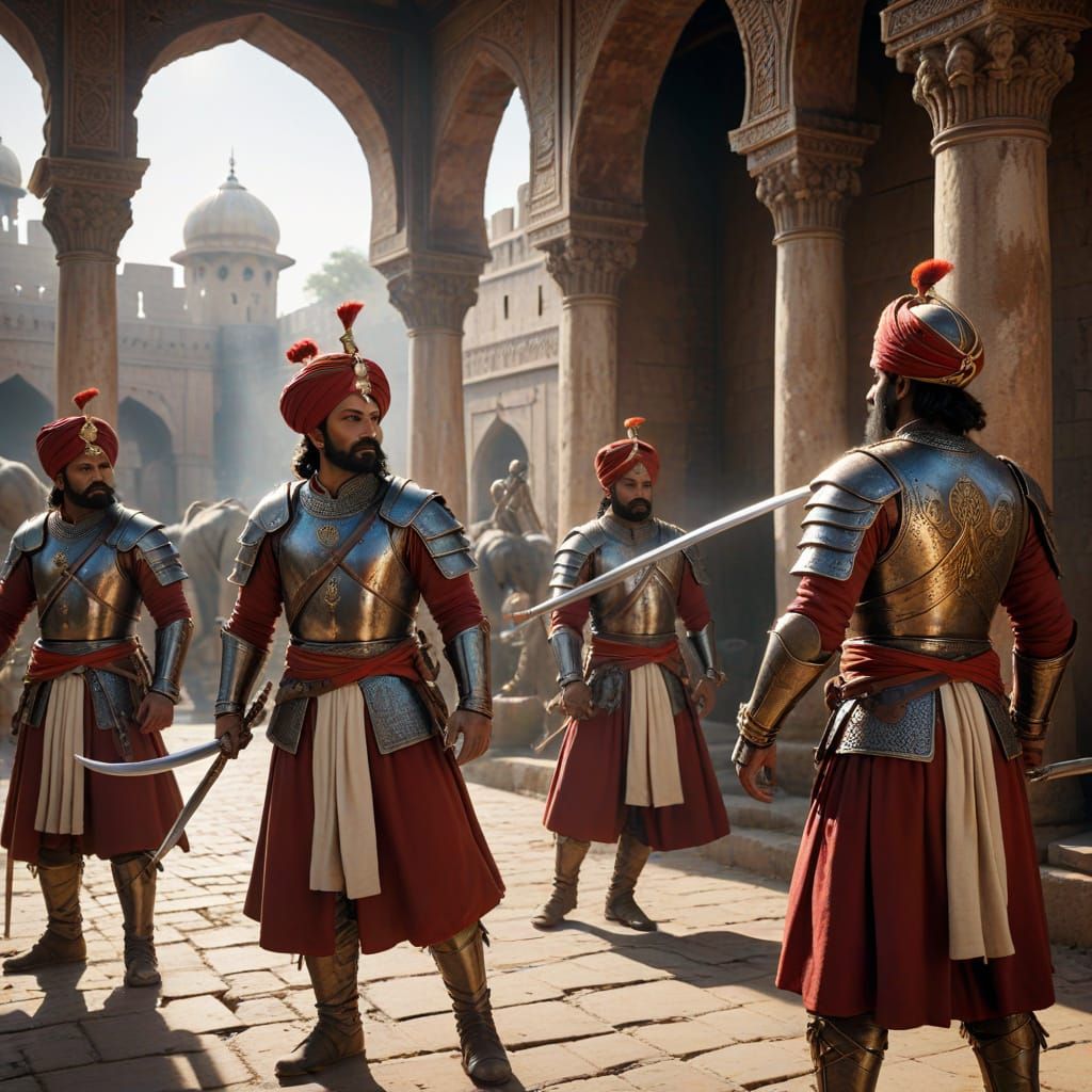 Rajput Warriors Practice Sword Drills in Fortress Courtyard