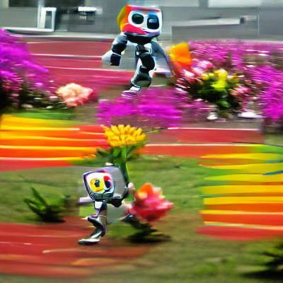Robot Running Through Colorful Flower Field
