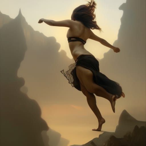 Surreal Woman Running in Steampunk Landscape