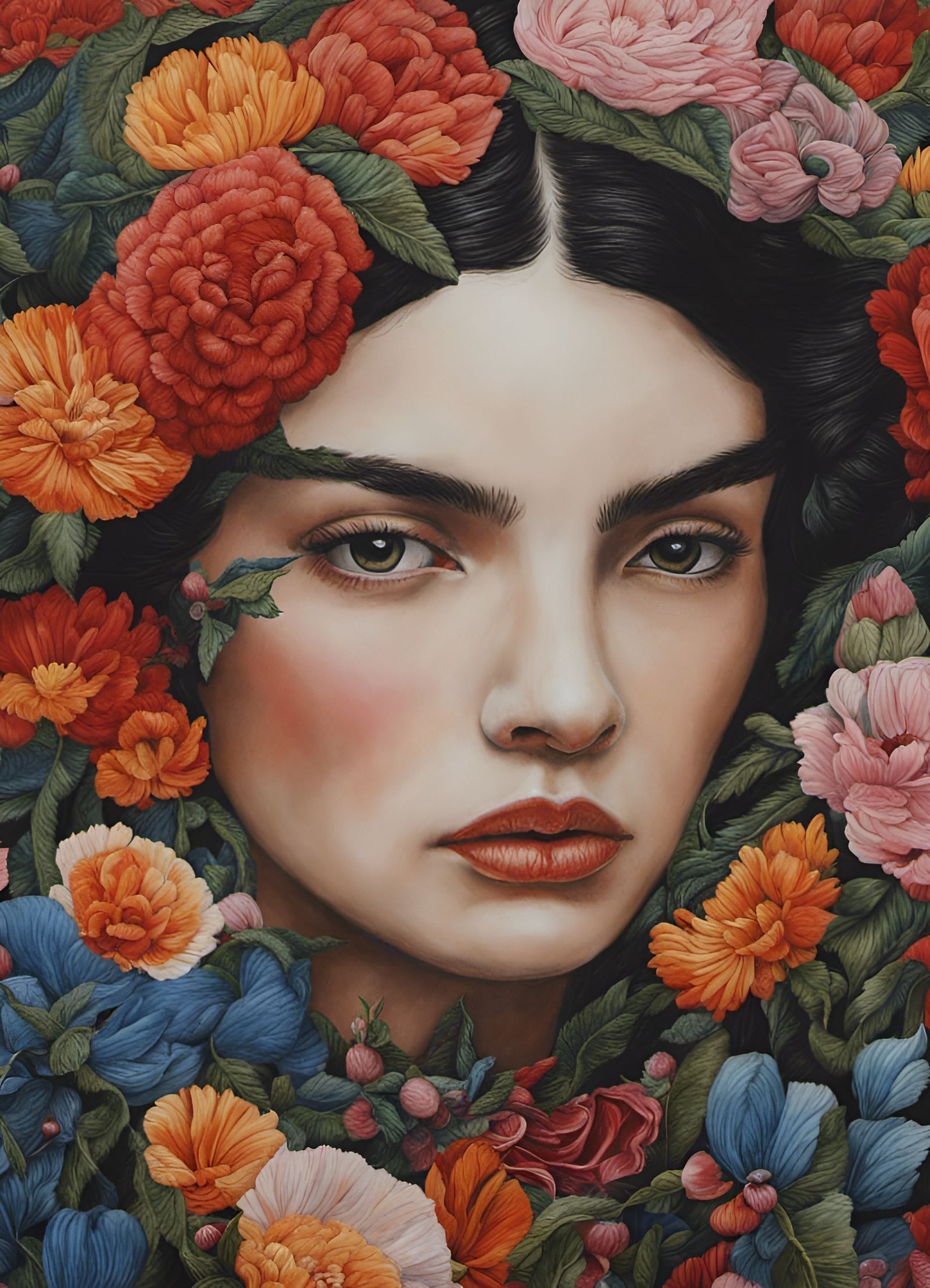 Woman with Flowers: Detailed Painting in Silk