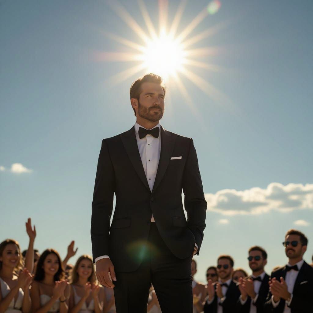 Elegant Man on Stage Bathed in Sunlight, Cinematic Style