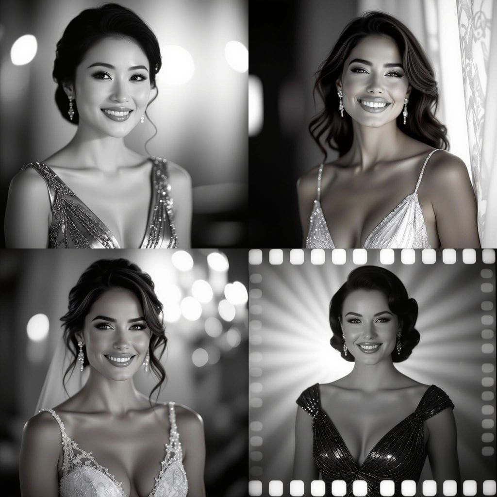 Smiling Woman in Colorful Dress, Black and White