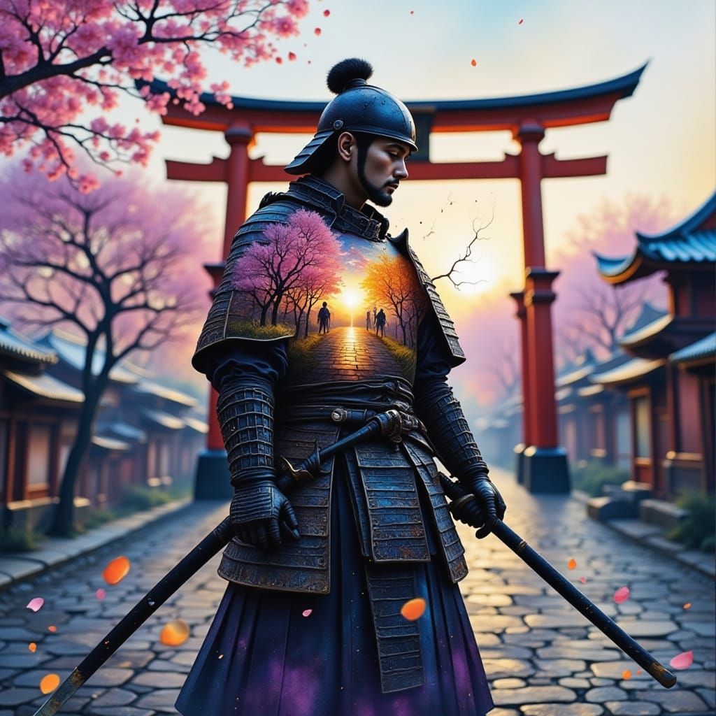 Samurai Double Exposure with Cherry Blossoms