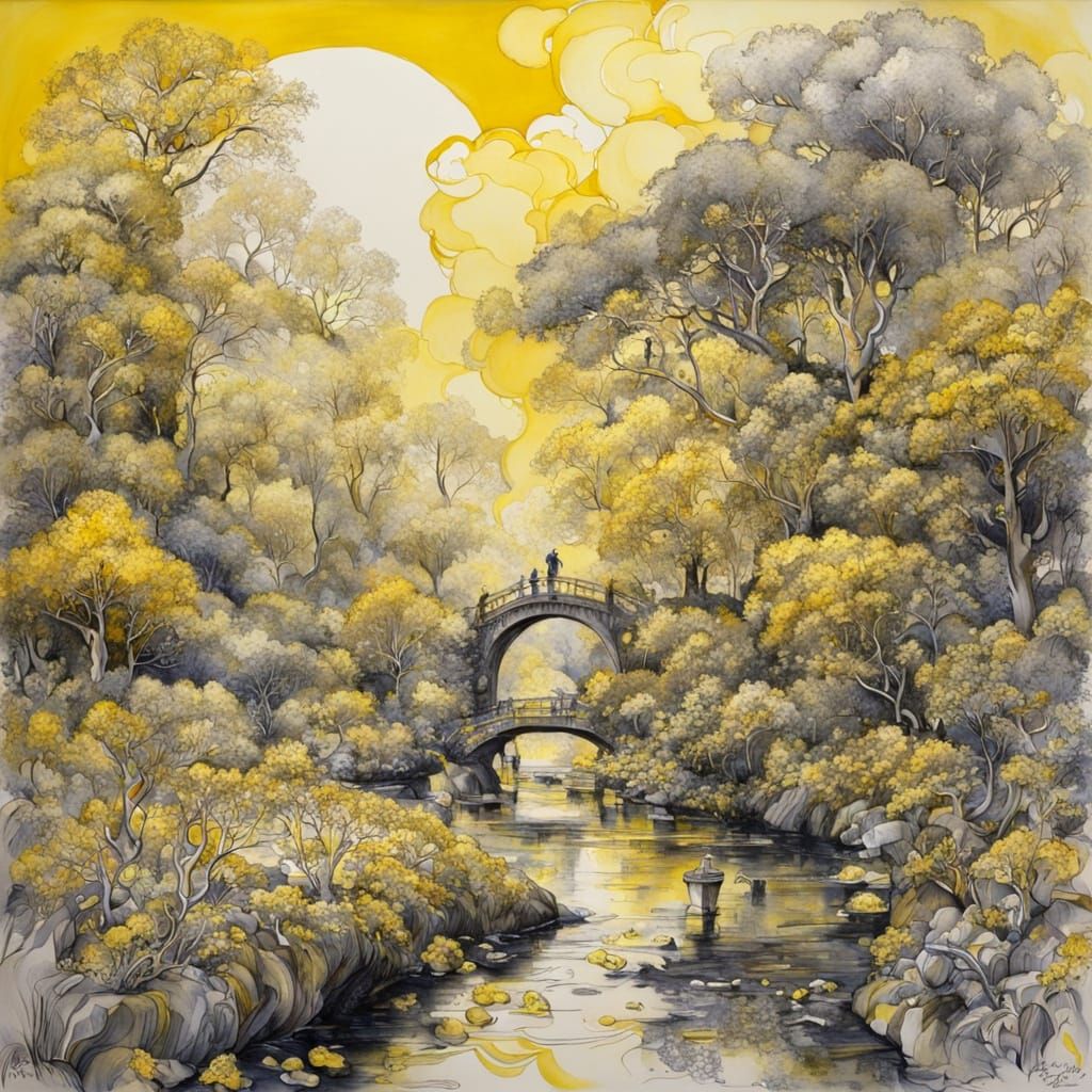 Idyllic Spring Landscape in Yellow and Silver