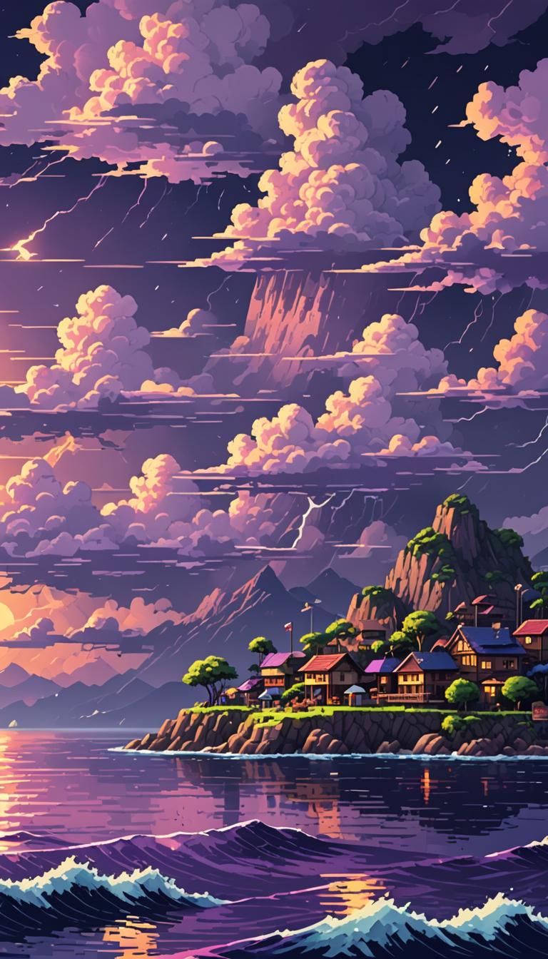 8-Bit Island Village in Stormy Pixel Art