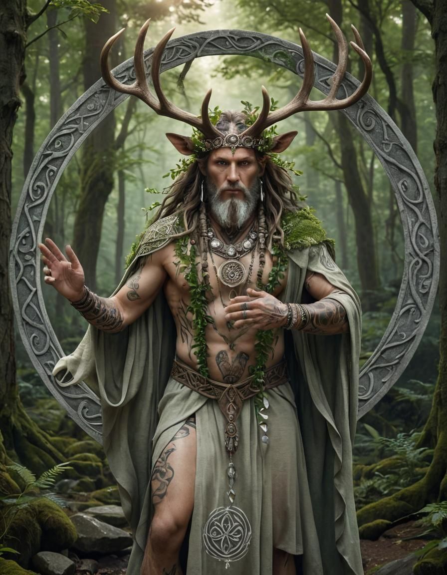 Hyperrealistic Druid with Antlers in Forest Grove