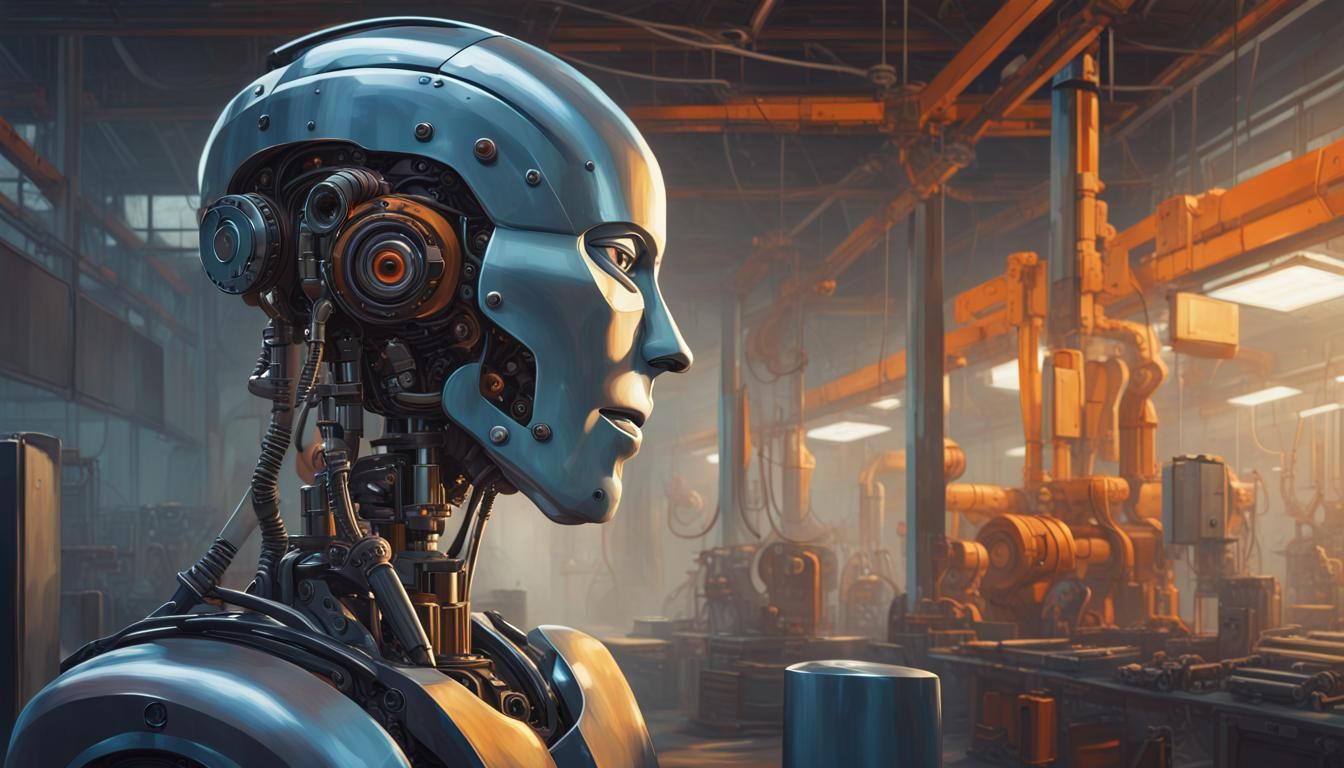 Forlorn Robot in Automated Factory: Hyperrealistic Oil Paint...