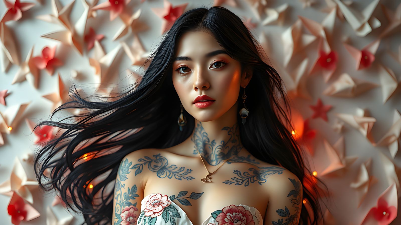 Serene Woman with Floral Tattoos: Digital Painting