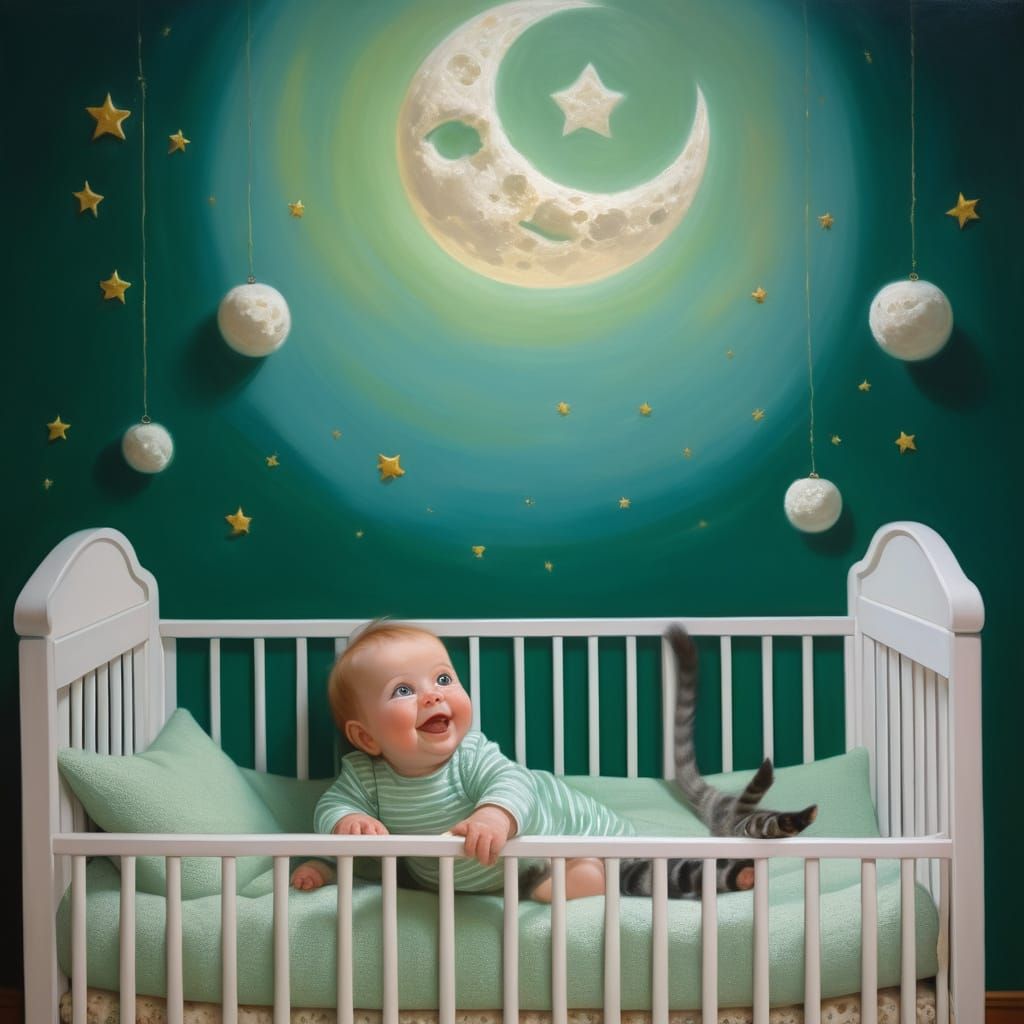 Charming Toddler Gazing at Whimsical Mobile in Cozy Nursery