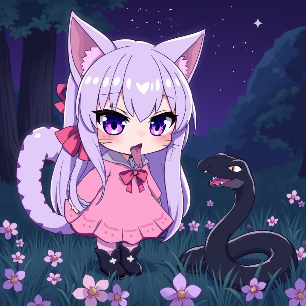 Majestic Anime Catgirl Glowers at Frightened Snake in the Fo...