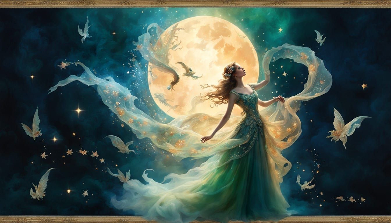 Maiden Surrounded by Dragons and Golden Fish in Whimsical, D...