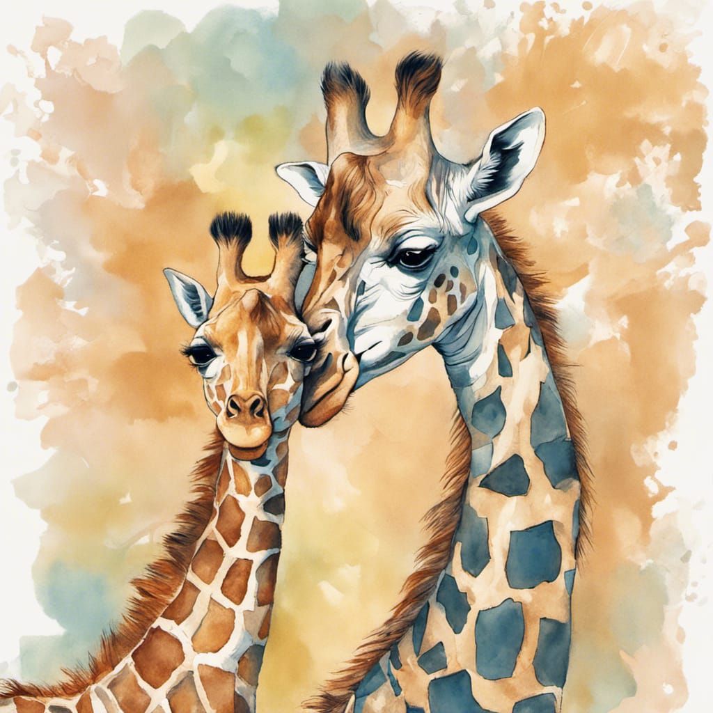 Giraffe Mother's Kiss: Abstract Hand-Drawn Illustration