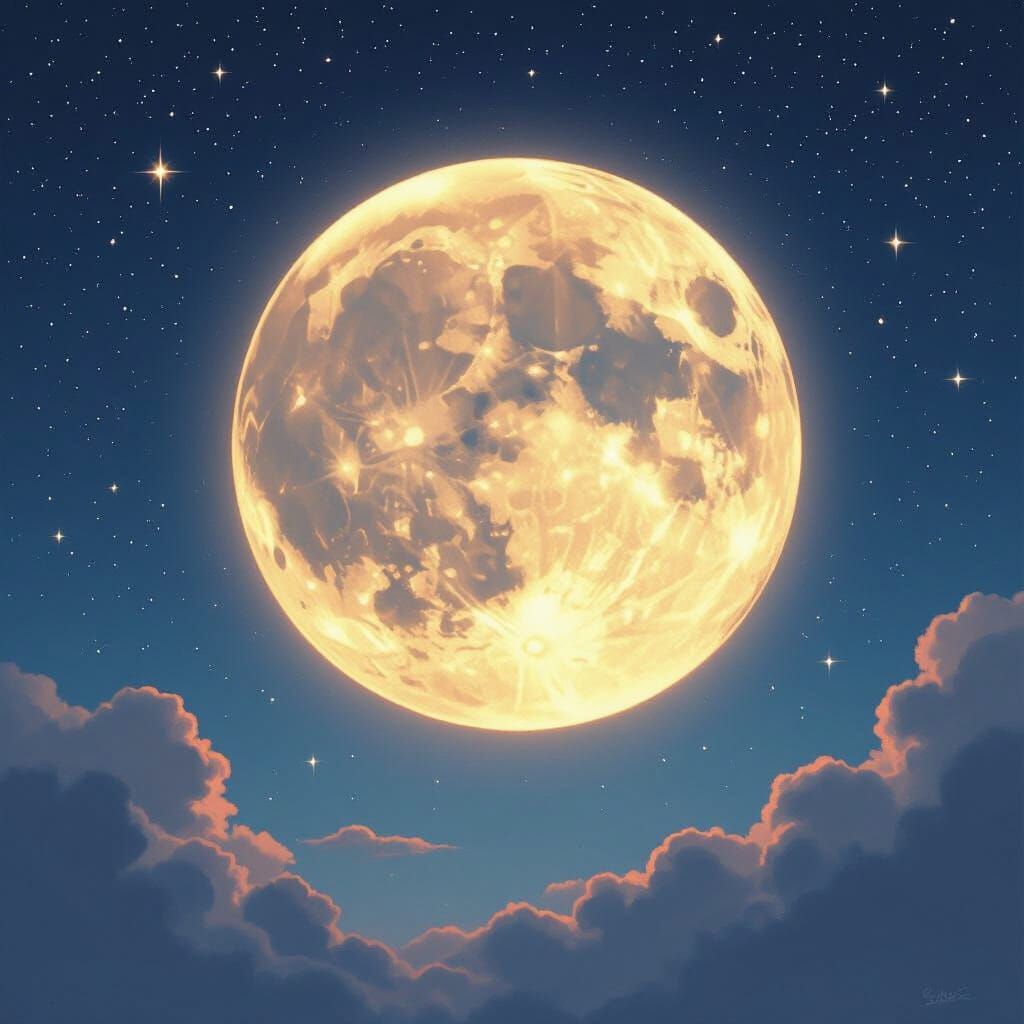 Ethereal Moon in Starry Sky, Dreamy Art Style