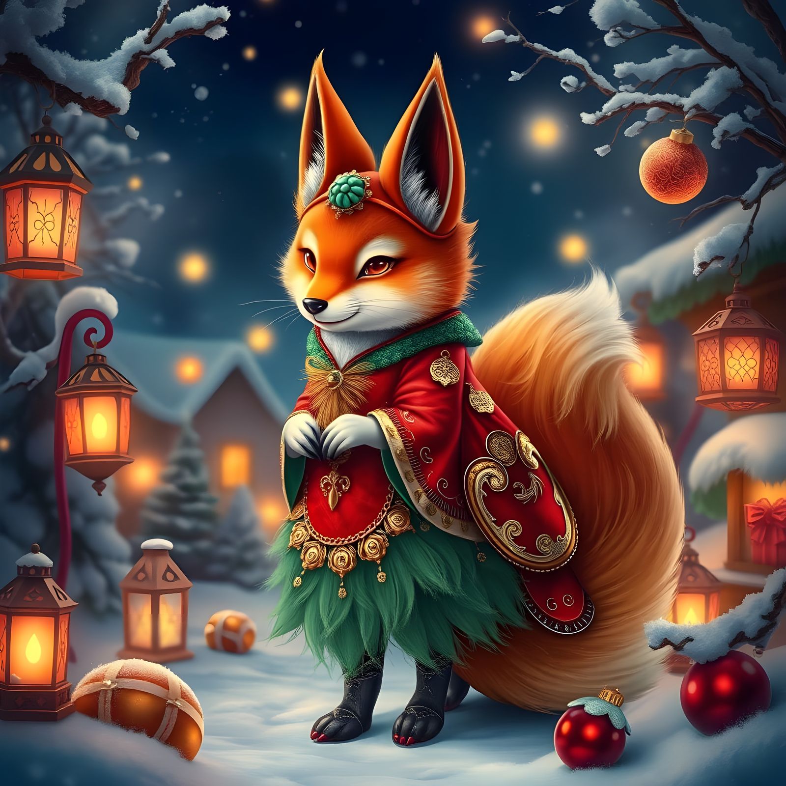 Majestic Kitsune in Winter Wonderland Scene with Twinkling L...