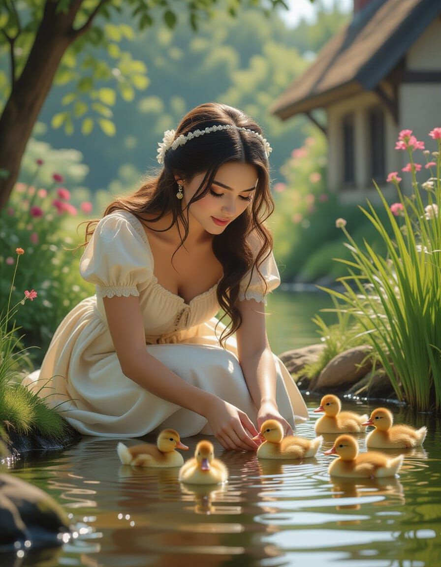 Village Woman Plays With Ducks in Summery Pond Scene