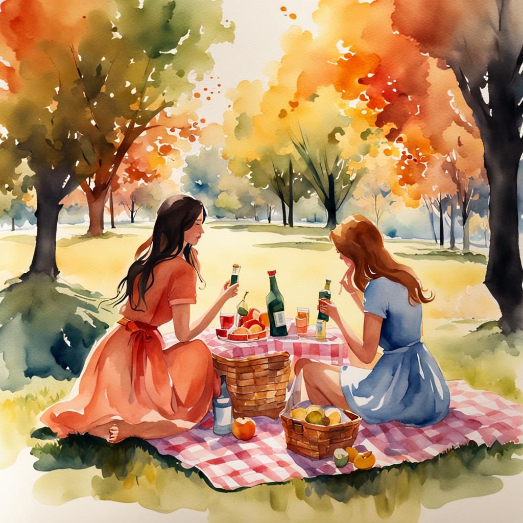 Girlfriends Enjoying Picnic in Park, Watercolor Art
