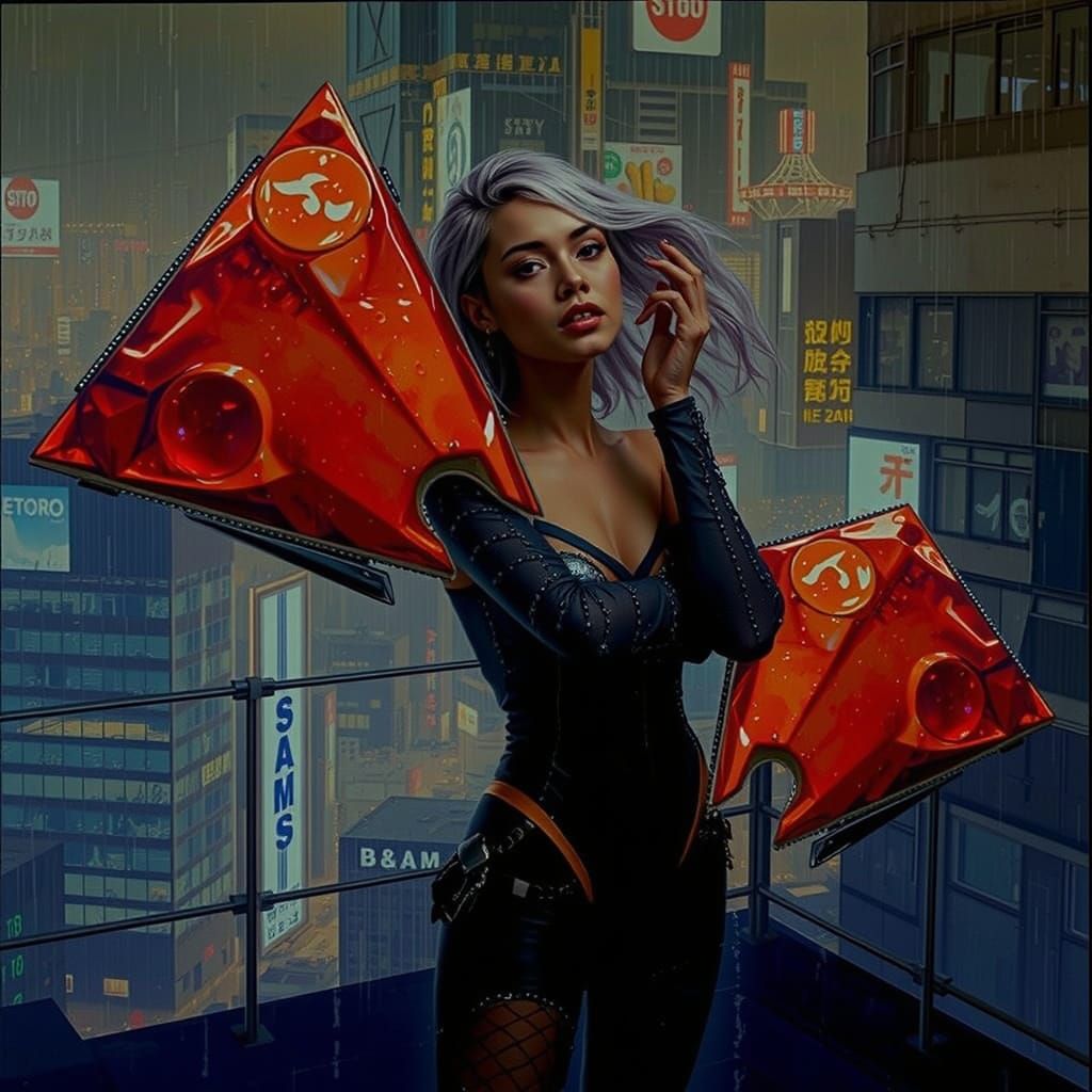 Jewel Armor Figure on Rooftop Overlooking Neon Cityscape