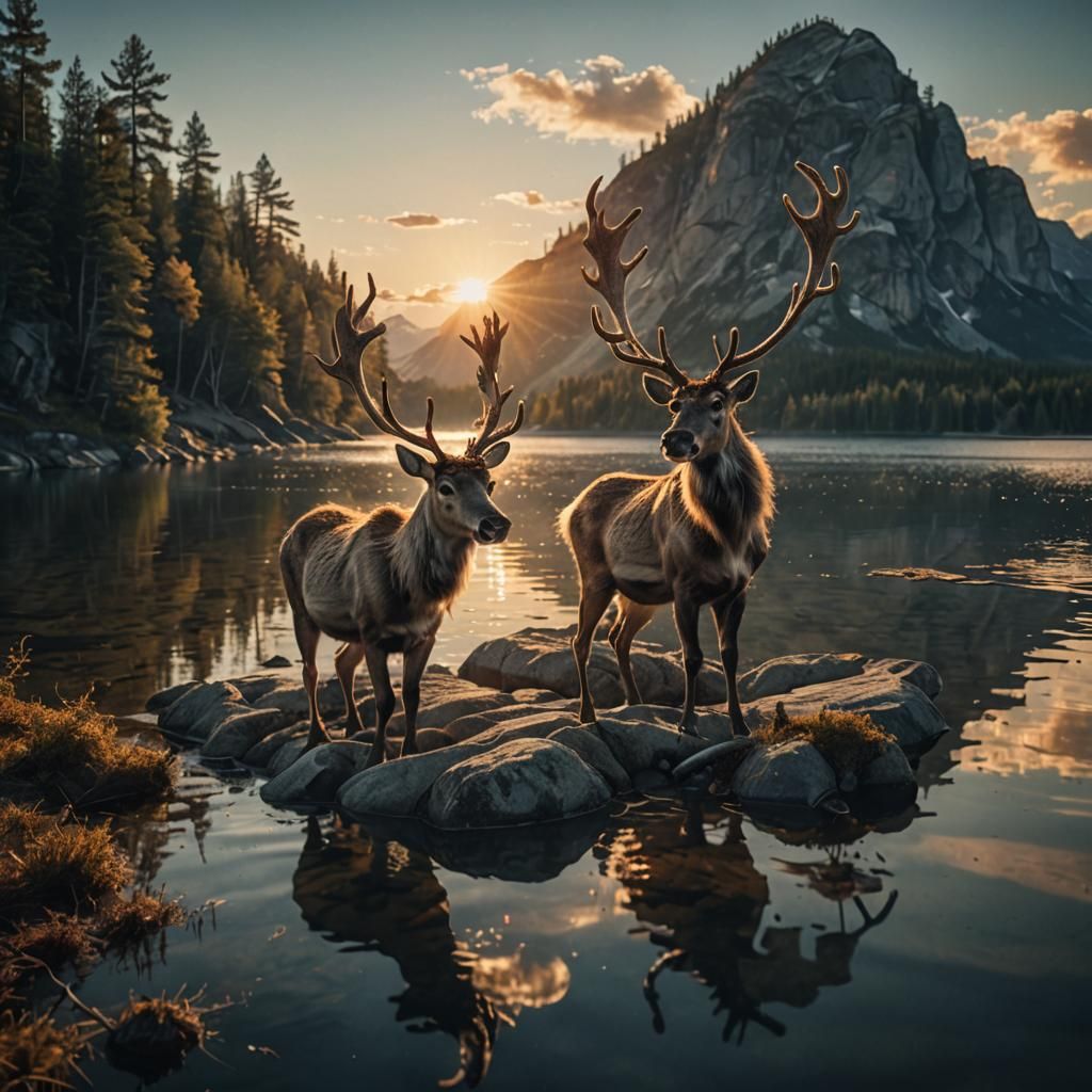 Mythological Reindeer at Lake Sunrise: Photorealistic Splash...