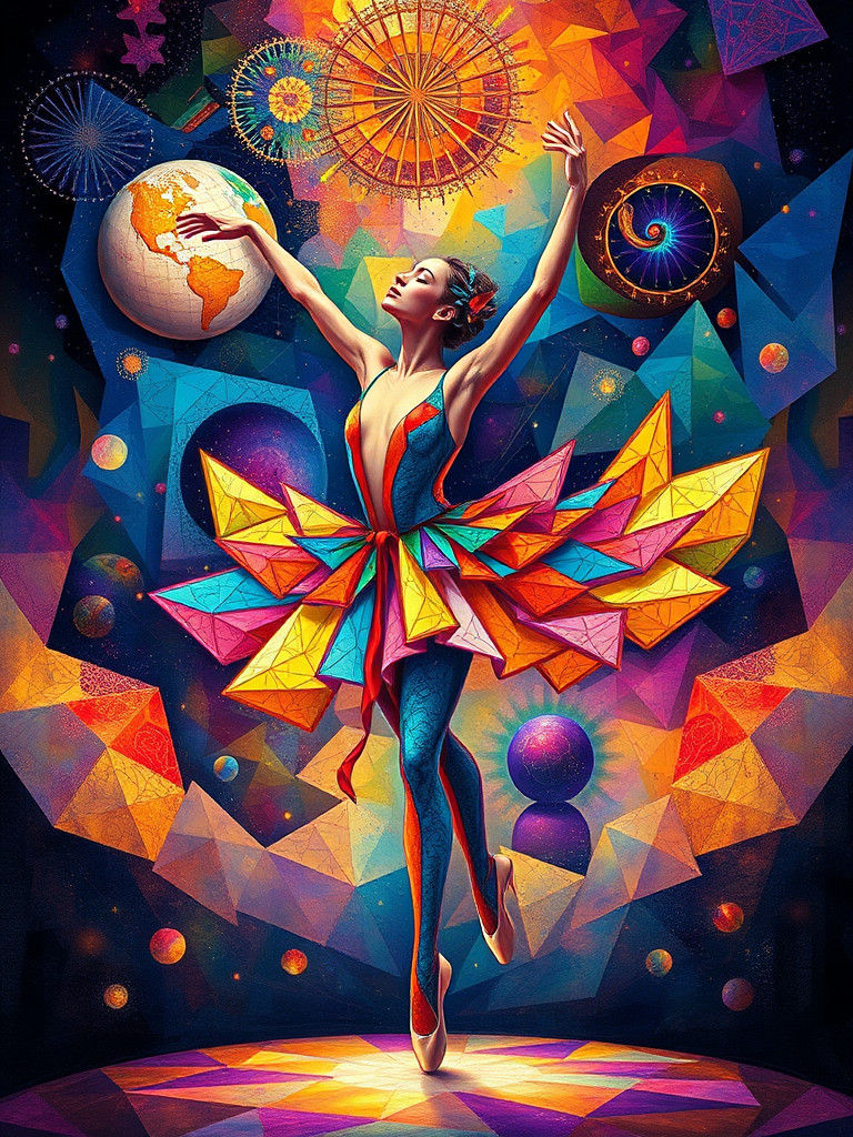 Rainbow Fractal Ballerina in Psychedelic Cubism Style
