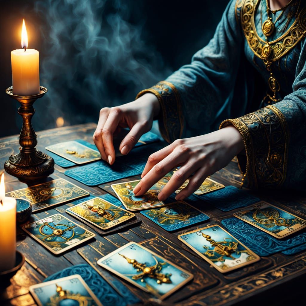 Tarot Card Reader's Hands in Mystical Atmosphere