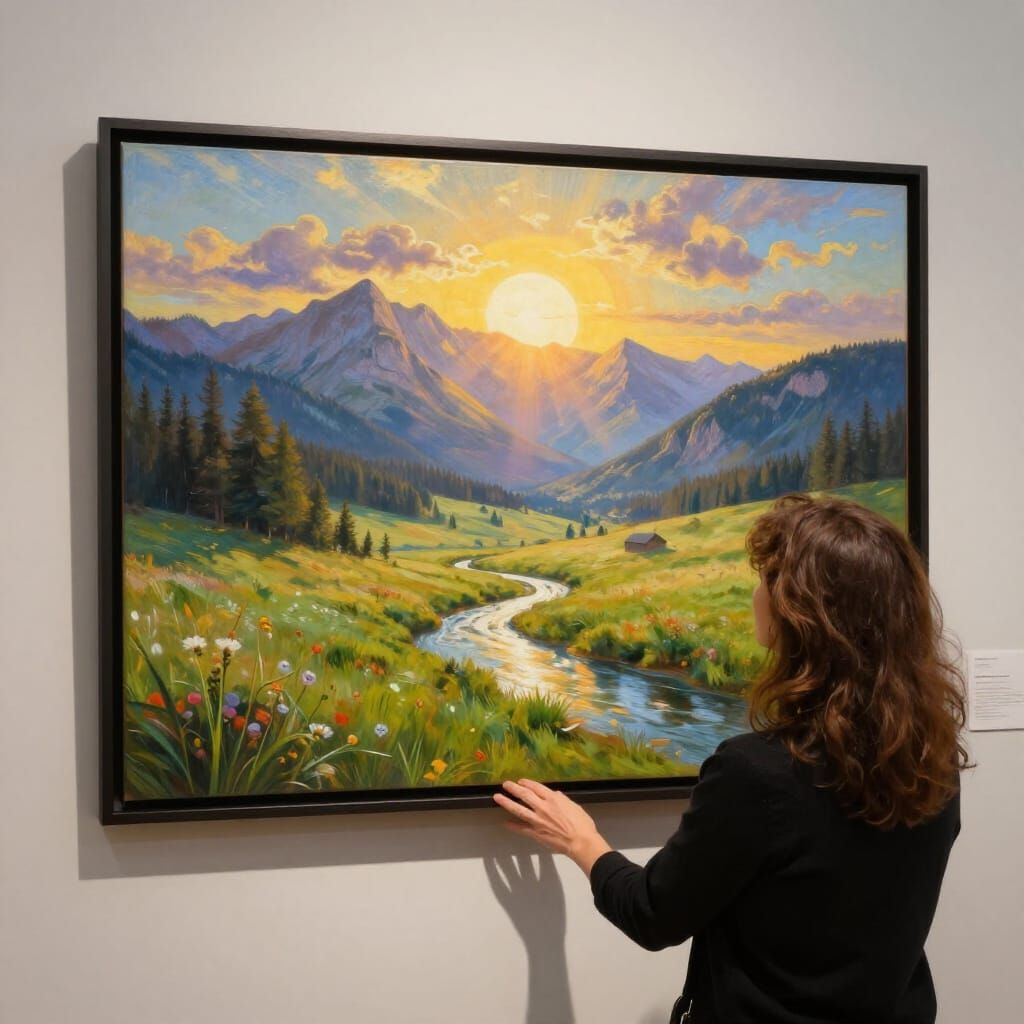 Woman Hangs Idyllic Landscape Painting in Gallery