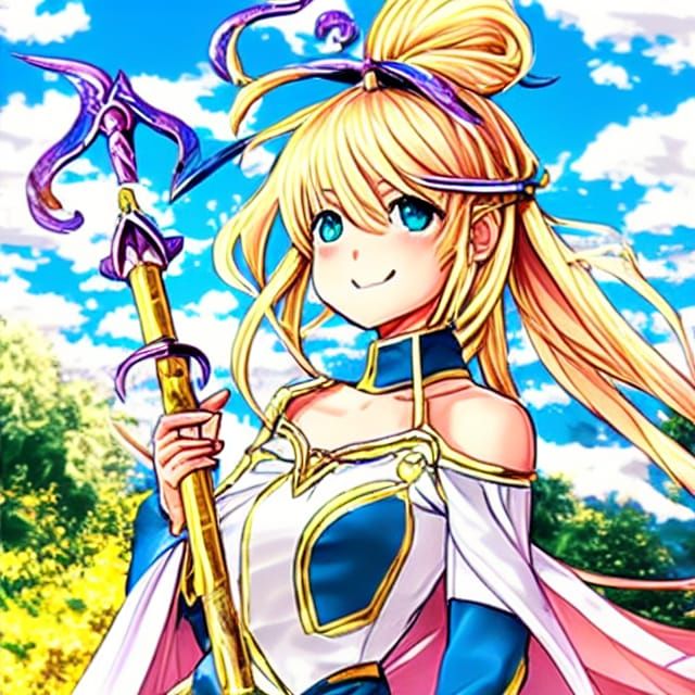 Anime Mage Waifu in Medieval Sunset Landscape