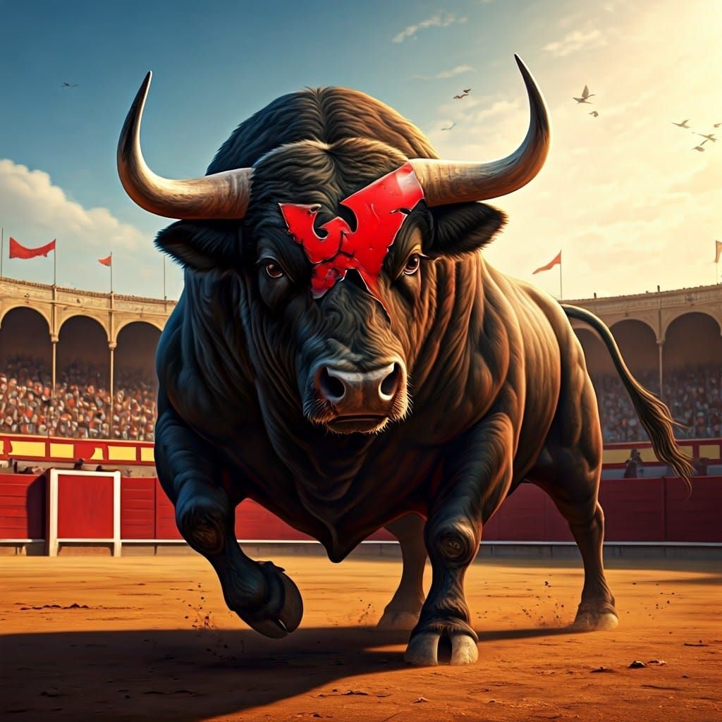 Furious Bull Charges Logo in Hyperdetailed Spanish Arena