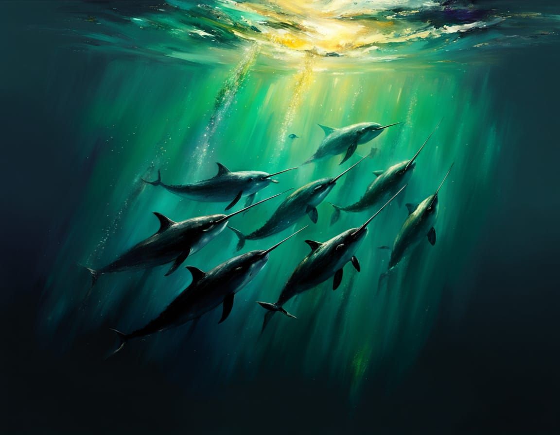 Narwhals Hunting in Dark Waters: An Impressionistic Painting