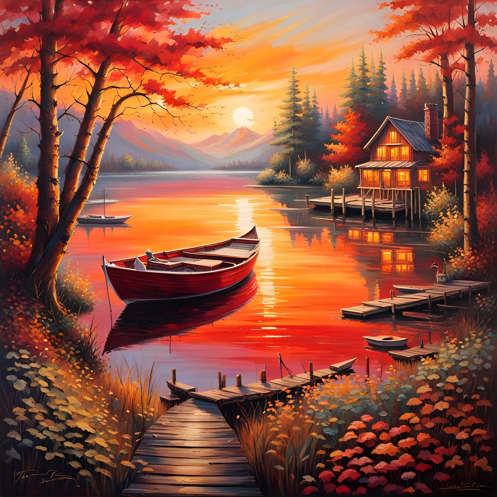 Polychromatic Sunrise Over Lake with Boats, Oil Painting