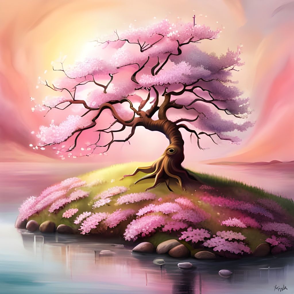Enchanting Cherry Blossom Tree: A Surreal Digital Painting