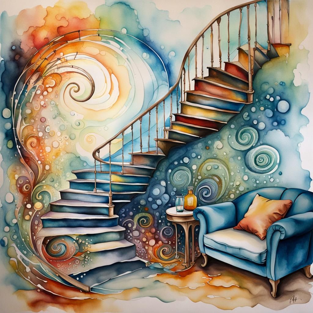Surreal Spiral Staircase in Watercolour Fantasycore Style
