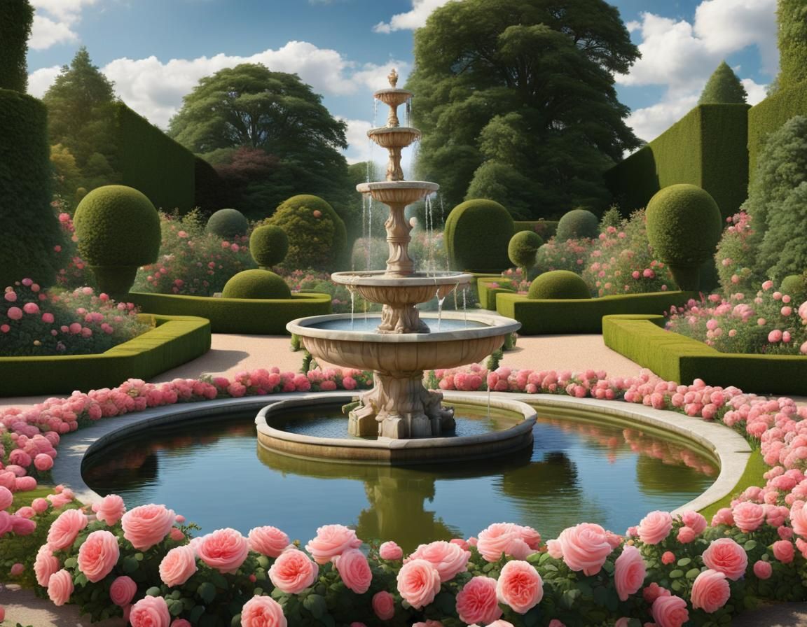 Stunning English Rose Garden with Marble Fountain