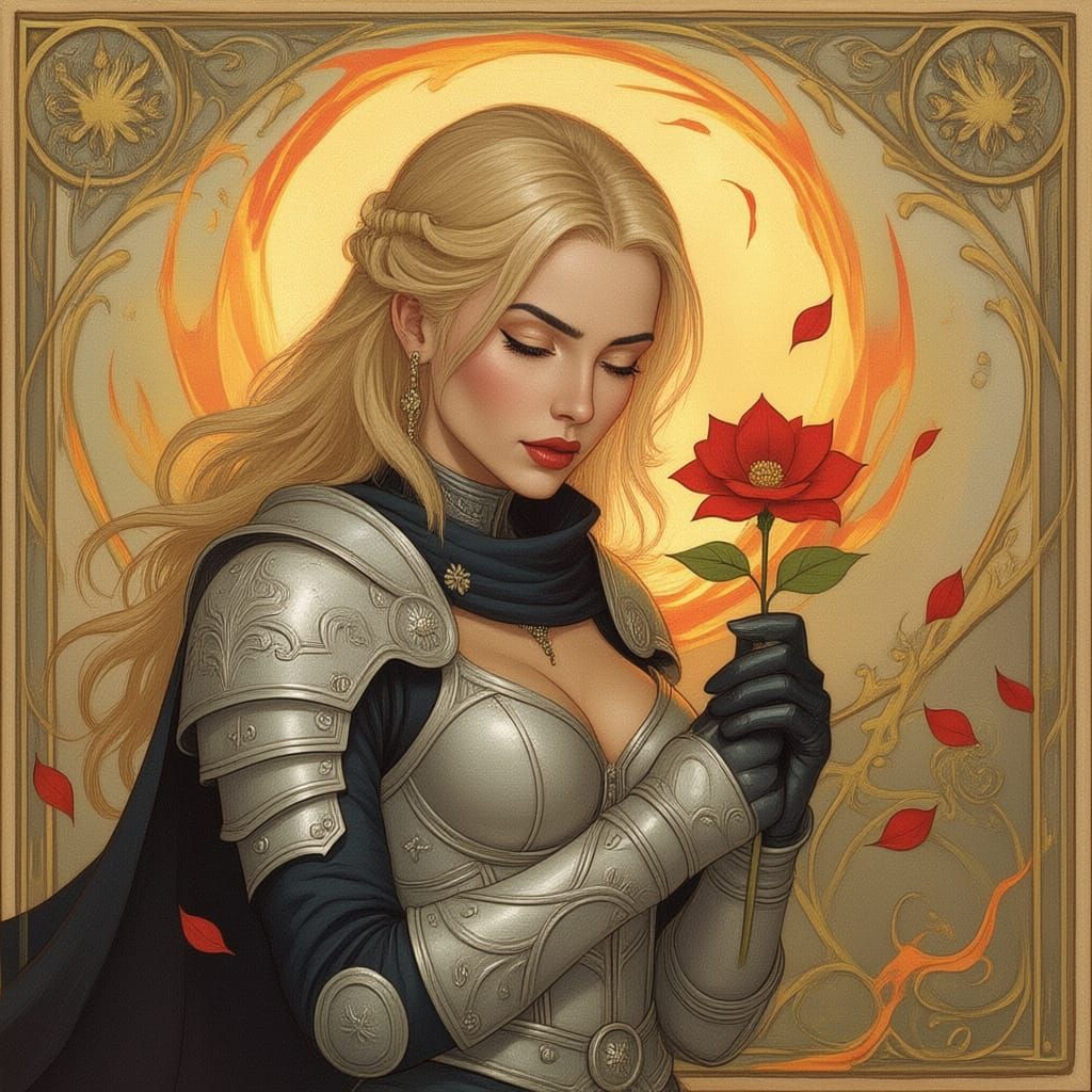 Neotraditional Armored Woman with Bloodied Flower