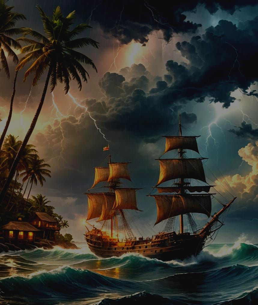 Tall Ship Battles Stormy Seas in a Gritty Marine Painting St...