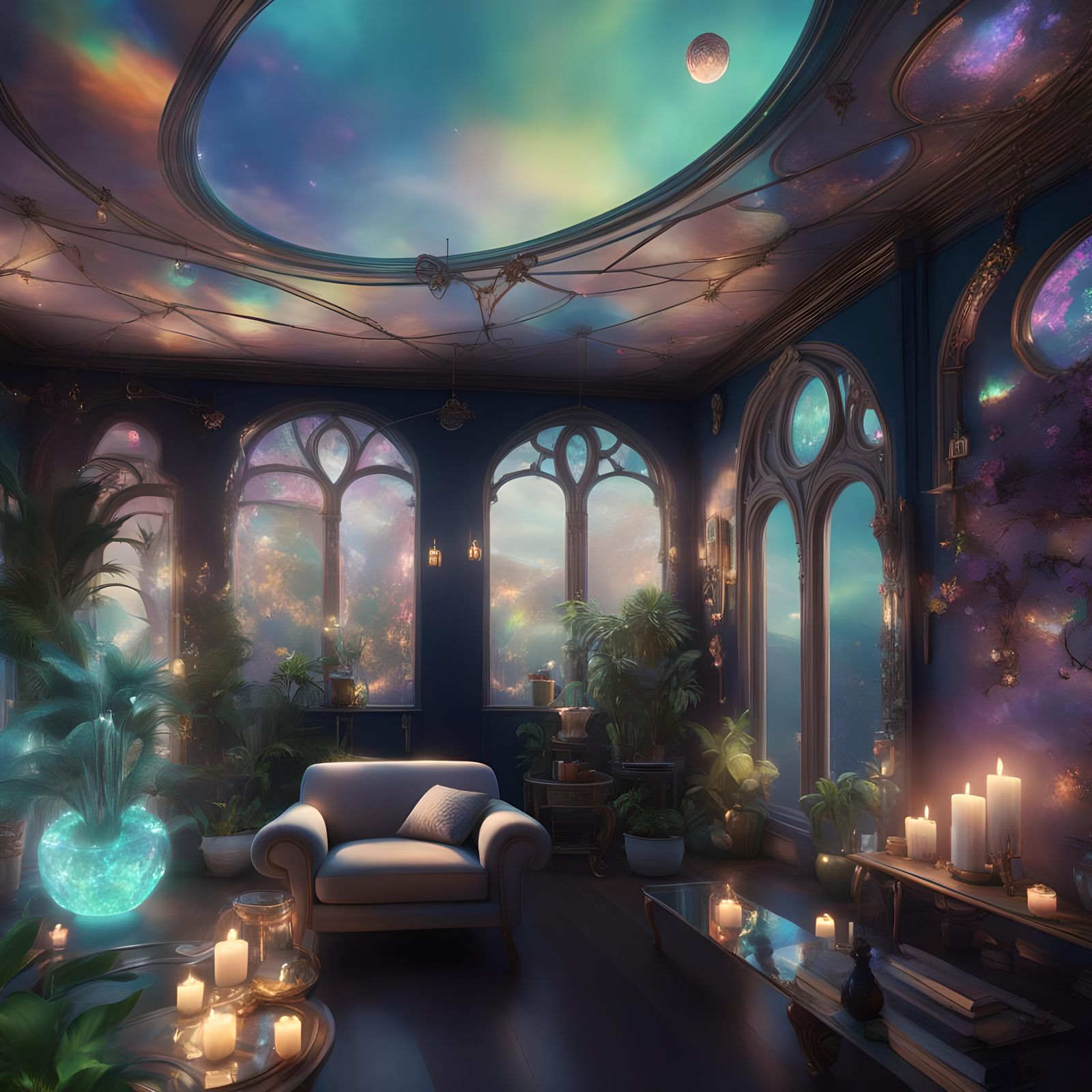 Opal living room with lots of crystals and candles and lots of beautiful plants& realistic vibes& Wiccan vibes& witchy v...