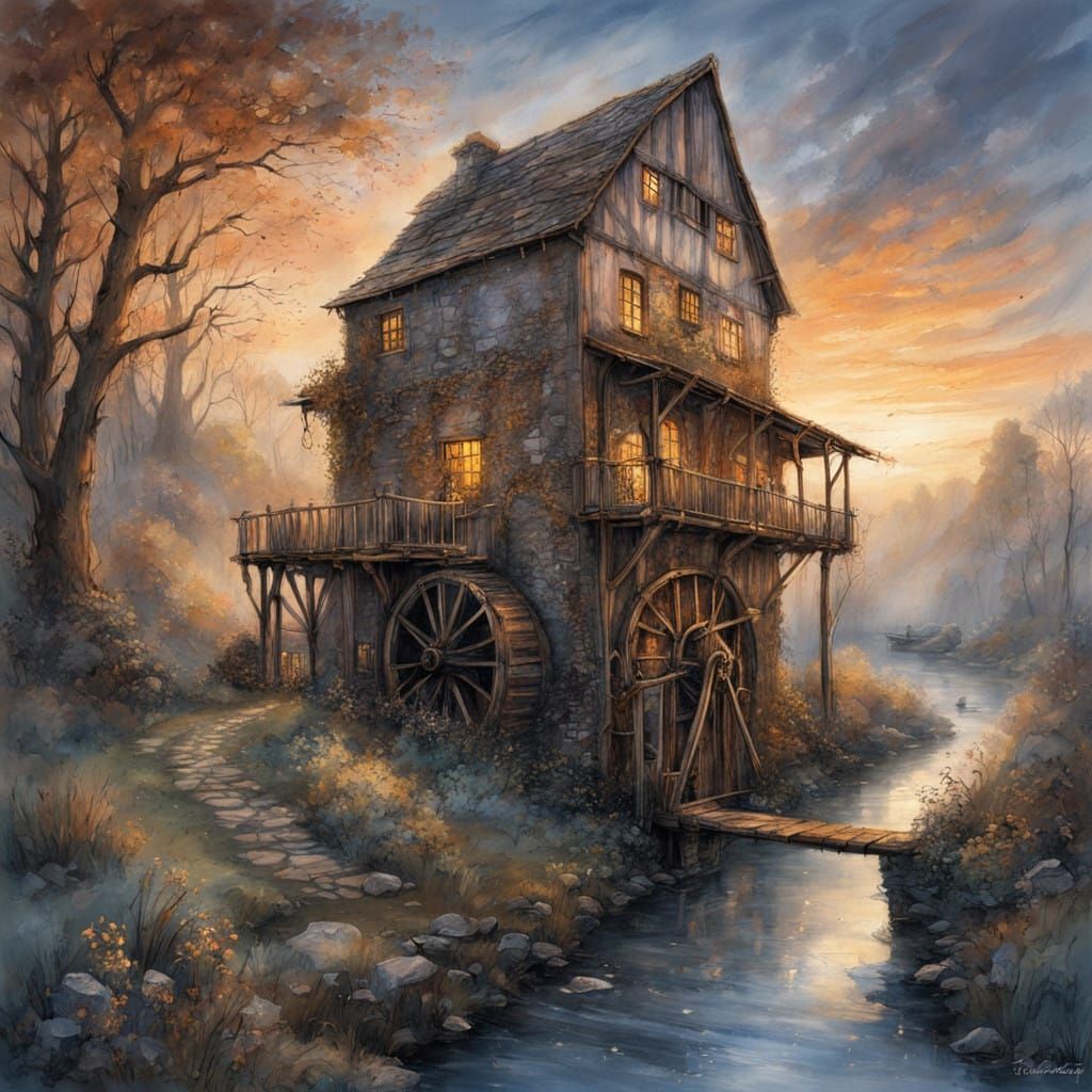 Whimsical Watermill by Golden Light under Misty Twilight