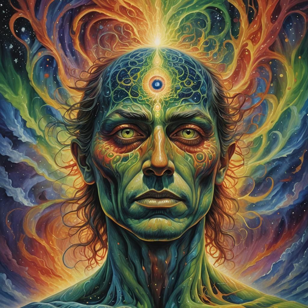 Mystical Portrait: Human with Third Eye in Aurora
