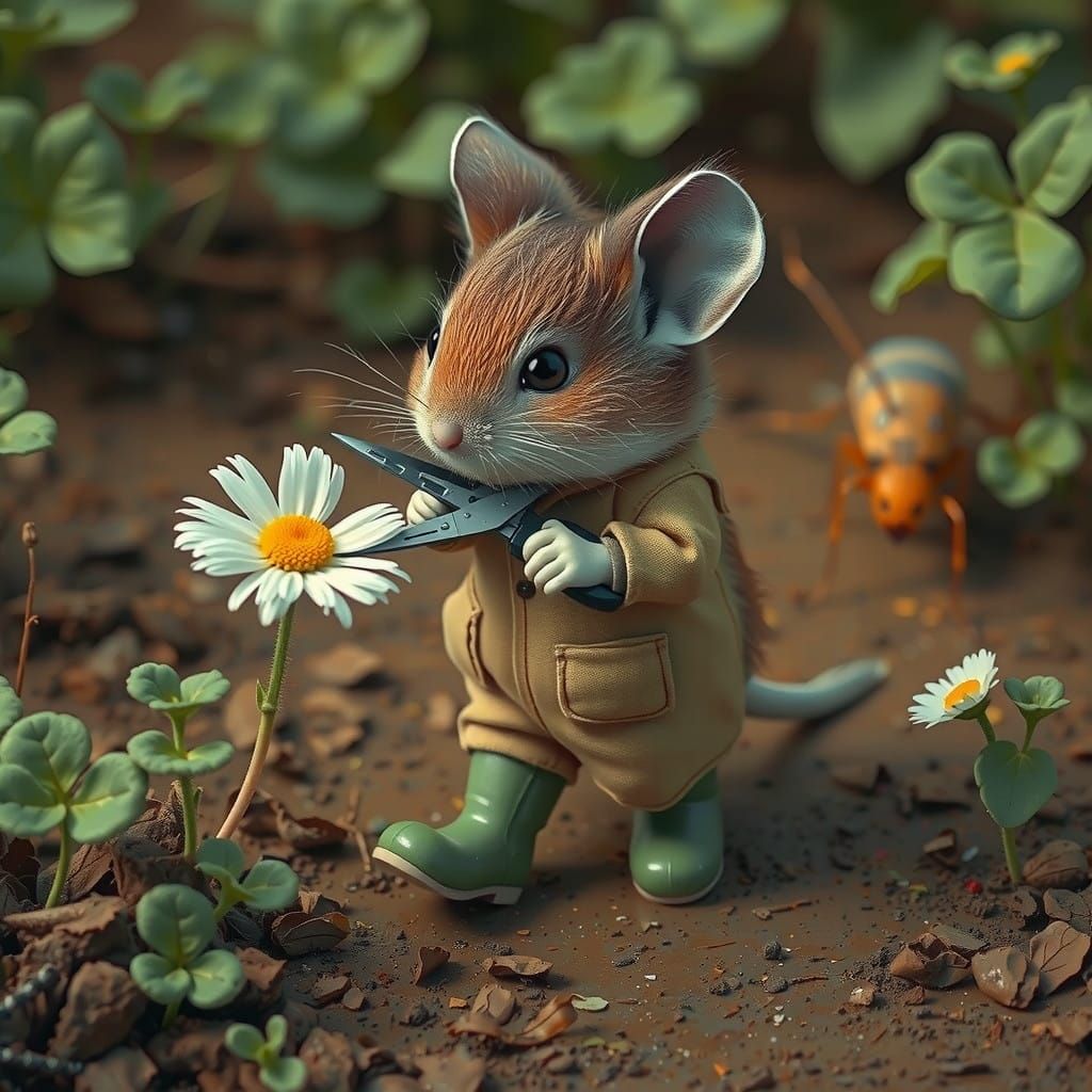 Photorealistic Garden Scene with Determined Mouse Gardener