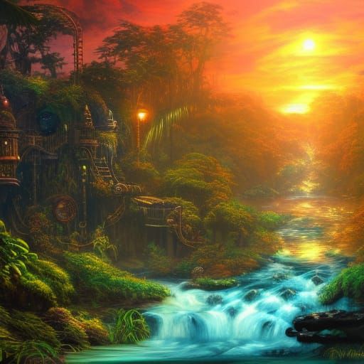 Steampunk Jungle Waterfalls at Sunset: Fantasy Concept Art