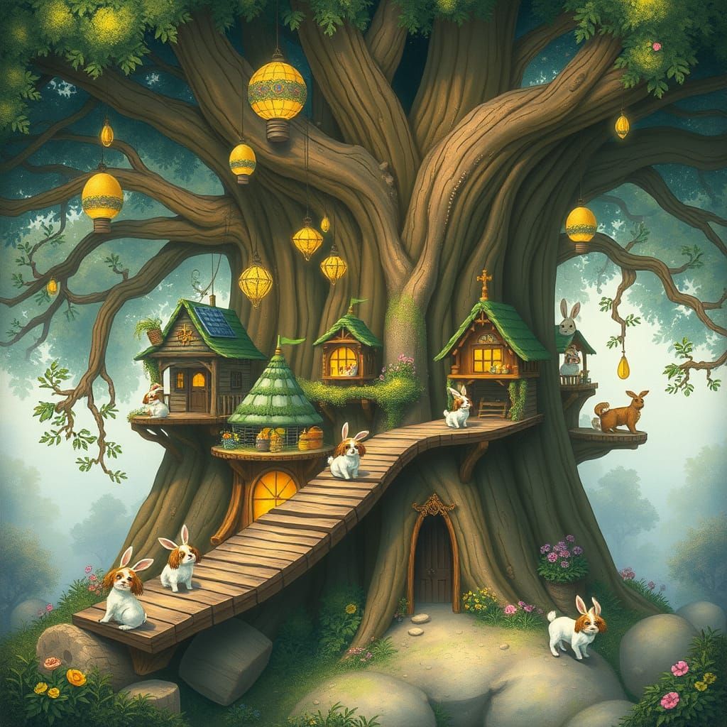 Solarpunk Easter Bunny Village in a Giant Sequoia