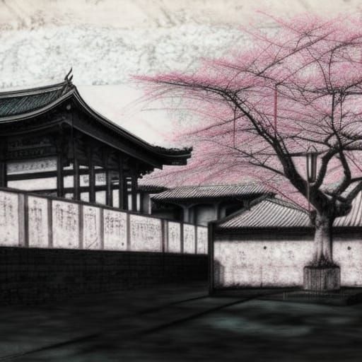 Blooming Cherry Trees in Ancient Courtyard: Charcoal Drawing
