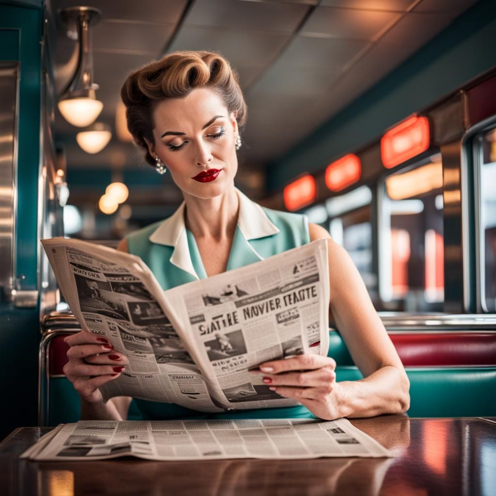 Woman Reading Newspaper in 1950s Diner