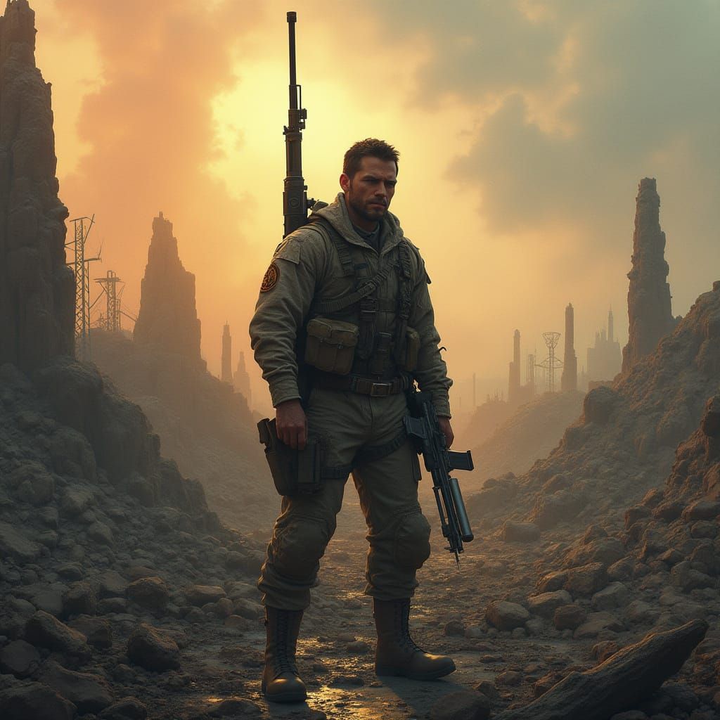 War-Torn Soldier in Desolate Landscape