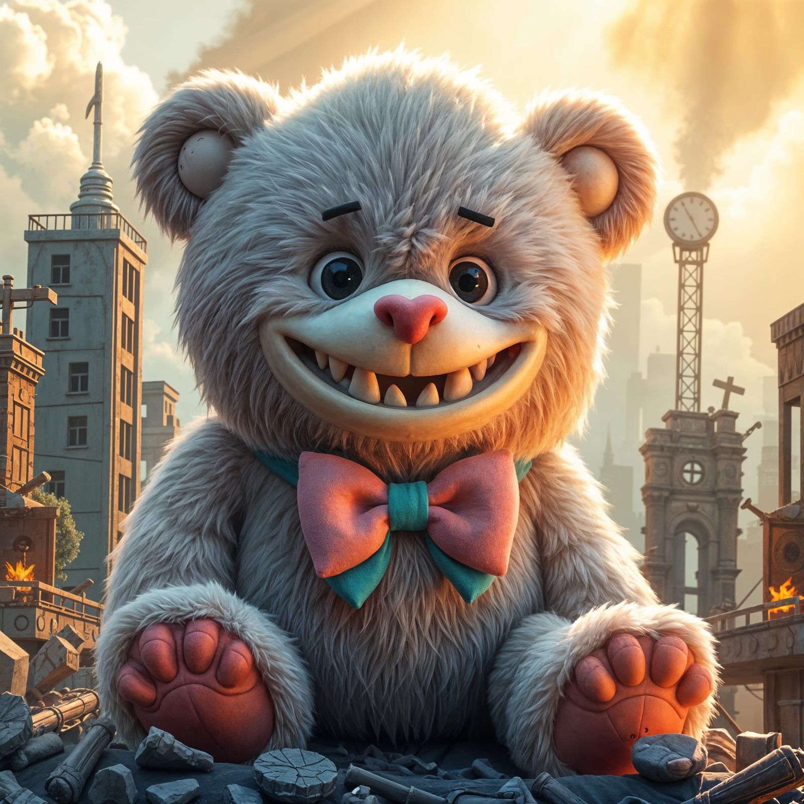 Cute Teddy Bear Monster Destroys City in Pastel Colors