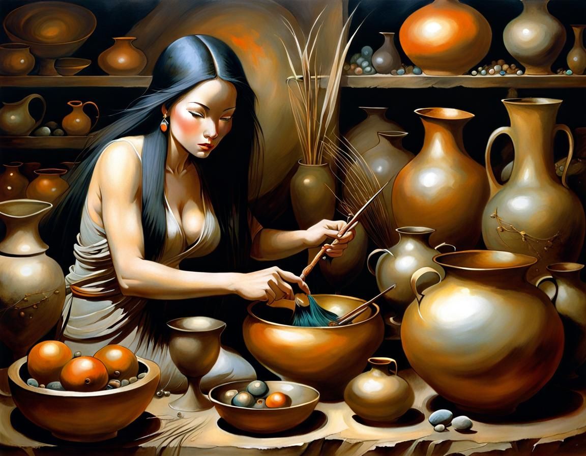 Neolithic Potter Woman: Hyperdetailed Painting