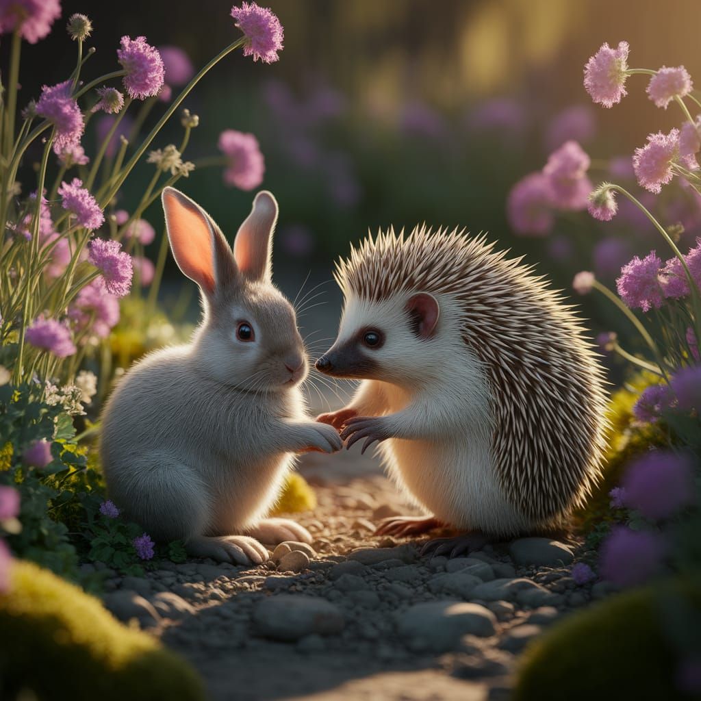 Hedgehog Tends to Injured Rabbit in Golden Light